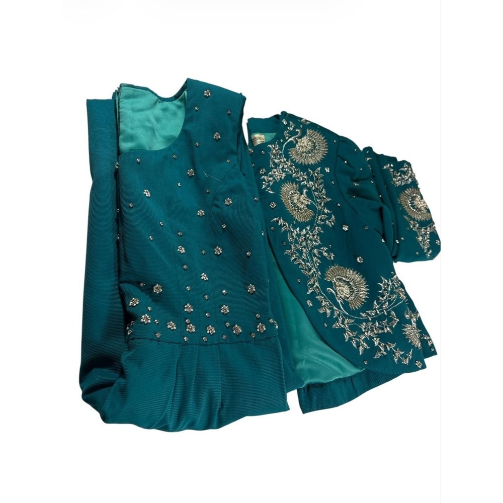 Vintage Gorgissima Teal Ribbed Rhinestone Embellished Dress and Jacket Set